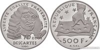  500 франков 1991 года «Рене Декарт»(платина, Франция), фото 1 