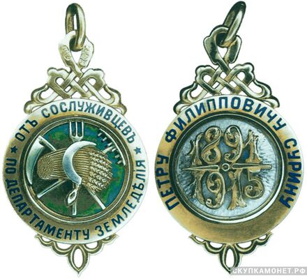  Жетон памятный в честь 25-летия беспорочной службы в Департаменте земледелия Россия, С.-Петербург 1899 - 1904 гг., фото 1 