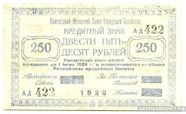  250 рублей 1920. Камчатского областного совета народного хозяйства, фото 1 