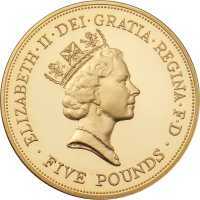  5 фунтов 1990г, 90 лет со дня рождения Королевы - Матери, Золото, фото 1 