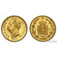  20 лир – золотая монета Италии – “Умберто I”, 1882 г.в., фото 1 