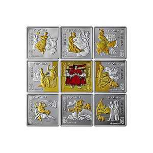  90 гривен 2020 года, Набор из девяти серебряных монет "Энеида" в деревянном футляре и сувенирной упаковке, фото 1 