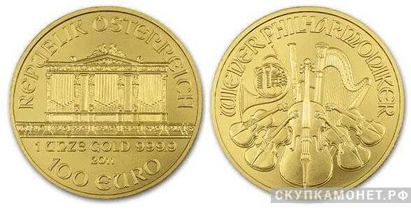  100 евро 2011 года «Венский Филармоникер»(золото, Австрия), фото 1 