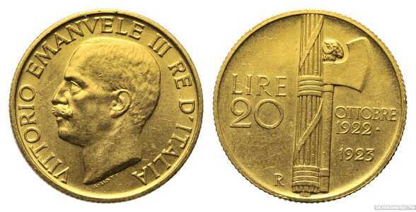  20 лир – золотая памятная монета Италии – “Виктор Эммануил ІІІ”, 1923 г.в., фото 1 