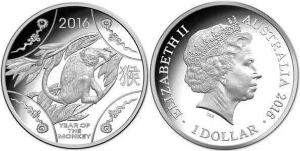  1 доллар Елизавета II. Лунар. Год Обезьяны. 2016 год, фото 1 