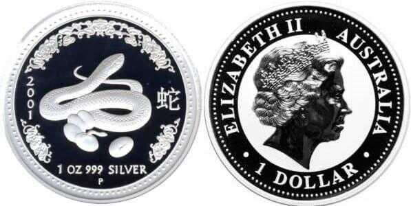  1 доллар Елизавета II. Лунар. Год Змеи. 2001 год, фото 1 