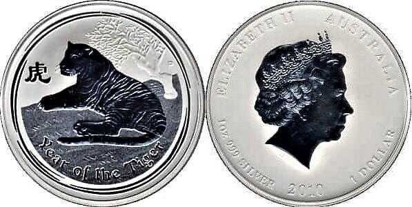  1 доллар Елизавета II. Лунар. Год Тигра. 2010 год. P, фото 1 
