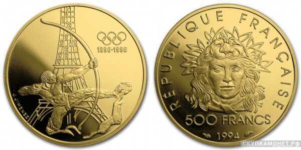  500 франков 1994 года «100-летие Олимпийского движения 1896 -1996»(золото, Франция), фото 1 