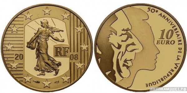  10 евро 2008 года, Золотая монета Франции – “Сеятельница”, фото 1 