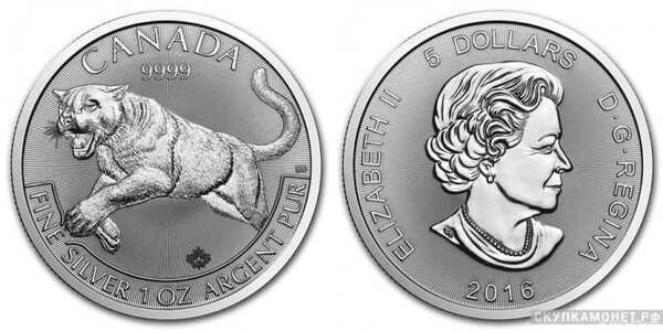  5 долларов 2016 года «Пума»(серебро, Канада), фото 1 