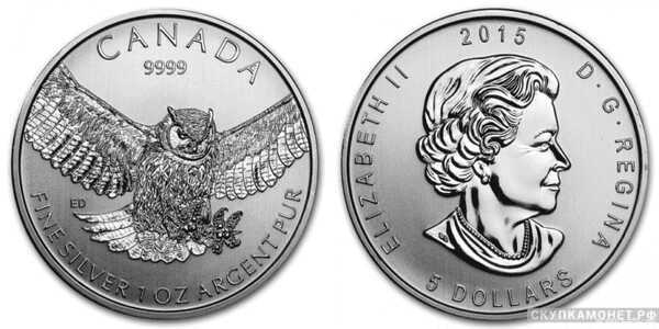  5 долларов 2015 года «Большая Ушастая Сова»(серебро, Канада), фото 1 