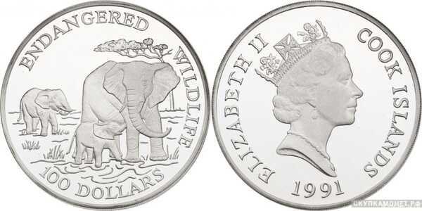  100 долларов 1991 года «Дикая природа” – “Слоны»(серебро, Острова Кука), фото 1 