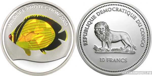  10 франков 2005 года «Защитим дикую природу»(серебро, Конго), фото 1 