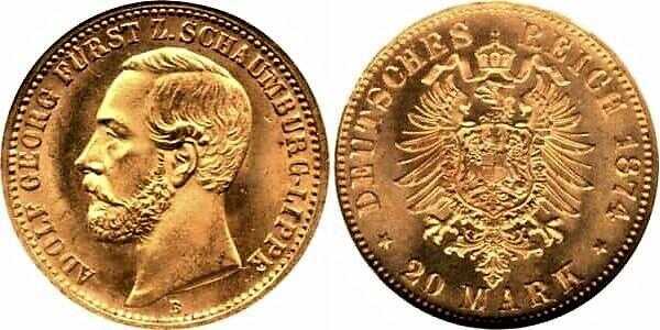  20 марок Адольф Георг. Княжество Шаумбург-Липпе. 1874 год, фото 1 