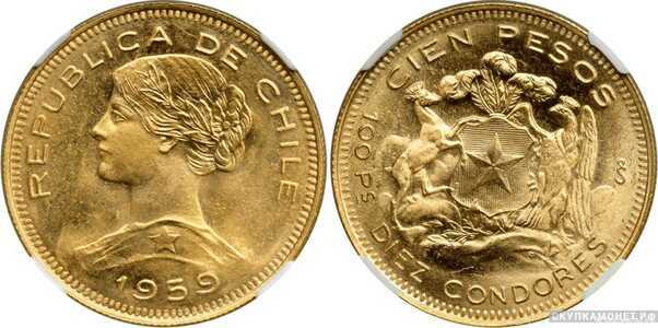  100 песо 1959 года (золото, Чили), фото 1 