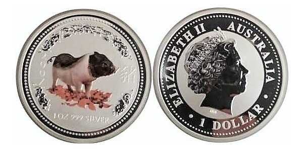  1 доллар Елизавета II. Лунар. Год свиньи. ЦВЕТНАЯ. 2007 год, фото 1 