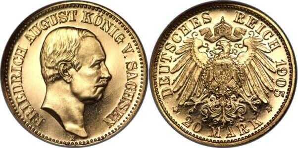  20 марок Фридрих Август II. Королевство Саксония. 1905-1914, фото 1 