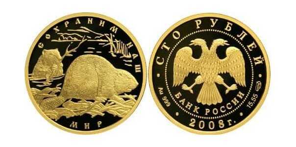  100 рублей 2008 год (золото, Речной бобр), фото 1 