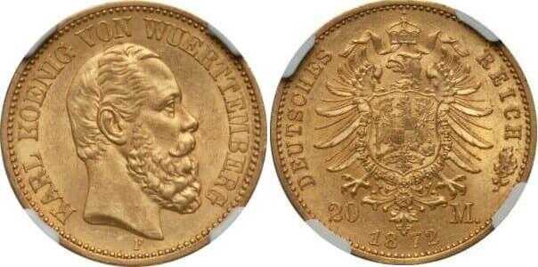  20 марок Карл I. Королевство Вюртемберг.1872-1873, фото 1 
