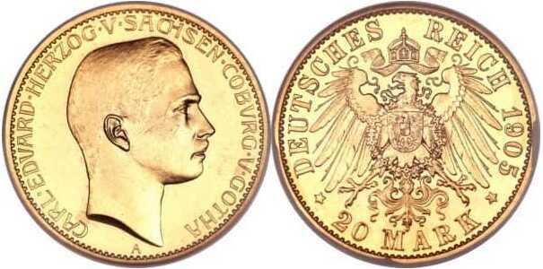  20 марок Карл Эдуард. Герцогство Саксо-Кобург и Гота. 1905 год, фото 1 