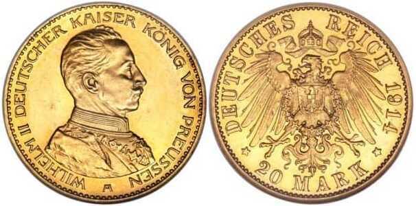  20 марок Вильгельм II. Пруссия. 1913-1915, фото 1 