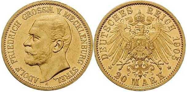  20 марок Адольф Фридрих V. Микленбург. 1905 год, фото 1 