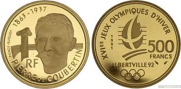  500 франков 1991 года «Пьер де Кубертен»(золото, Франция), фото 1 