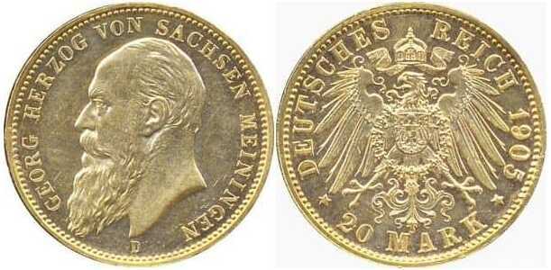  20 марок Георг II. Герцогство Сакс-Майнинген. 1900-1905, фото 1 