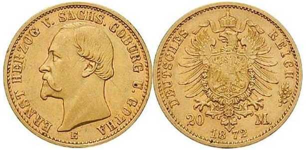  20 марок Эрнст II. Герцогство Саксо-Кобург и Гота. 1872 год, фото 1 