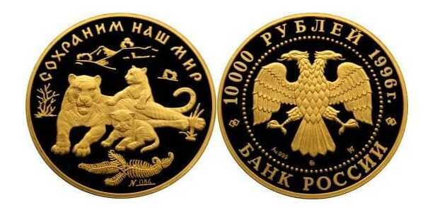  10000 рублей 1996 год (золото, Амурский тигр), фото 1 